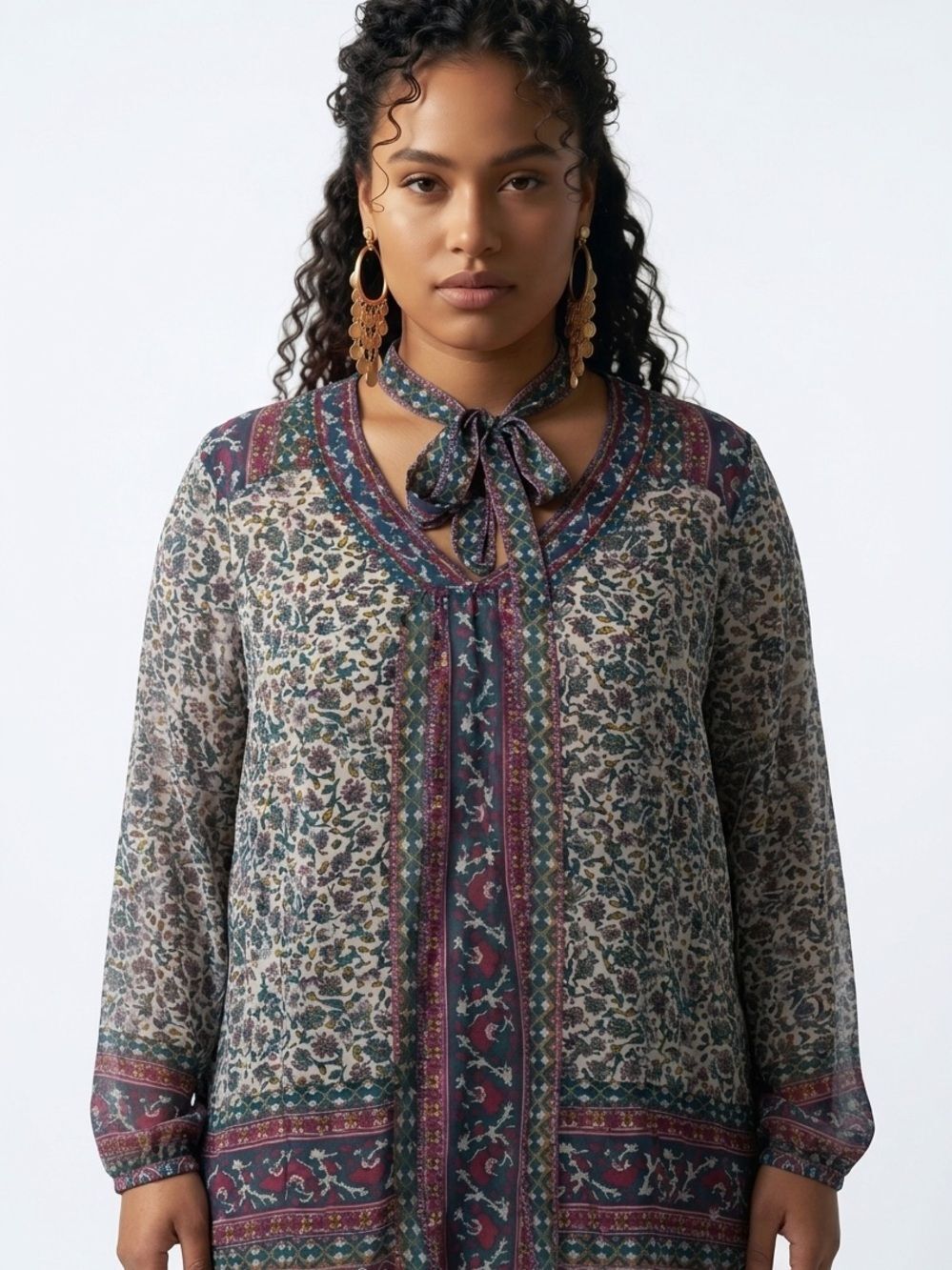 LUCKY BRAND | Colorful Tie Neck Button Down Blouse Women’s Size Large